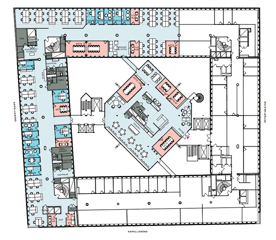 Planritning med möteskärna i mitten